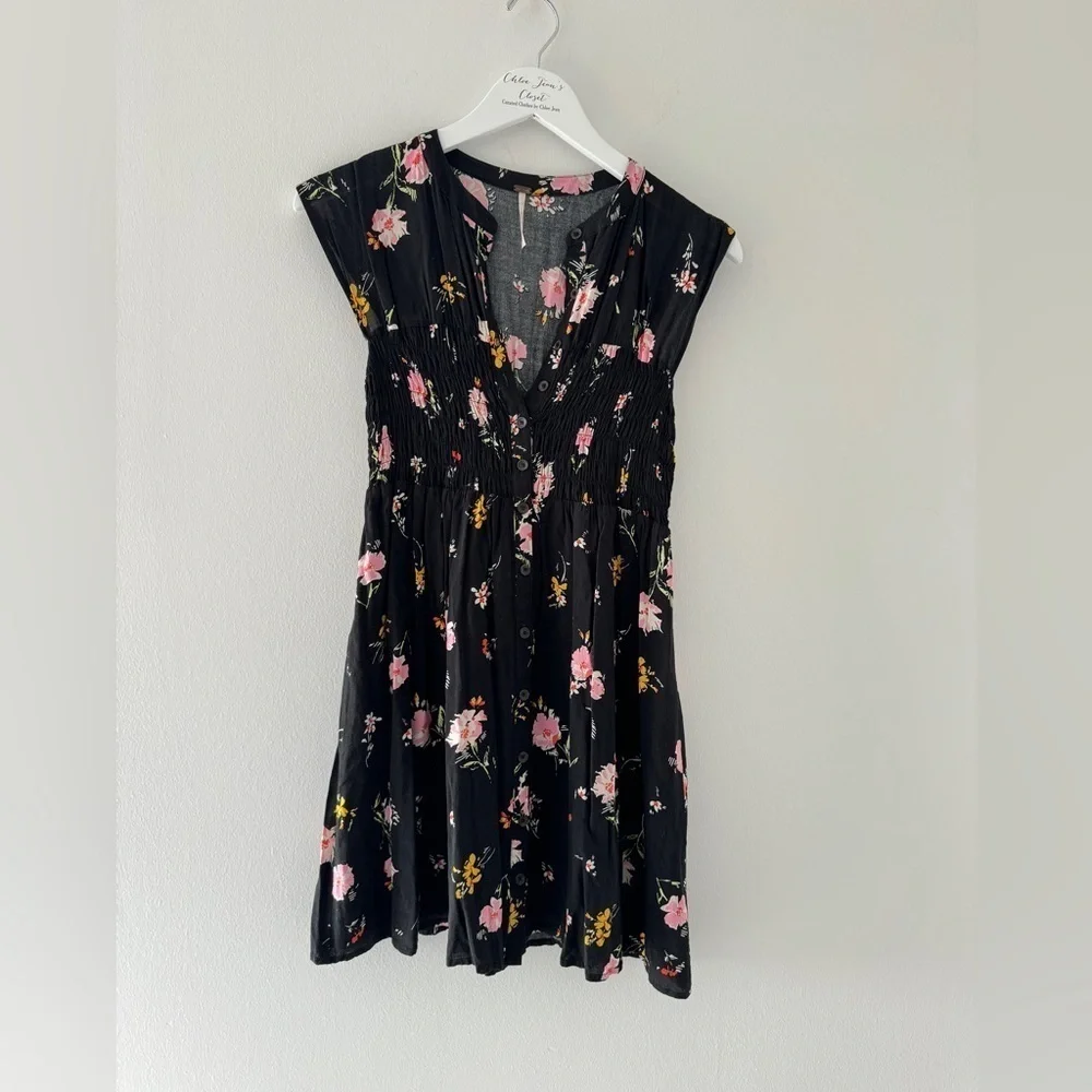FREE PEOPLE Black The Greatest Day Smocked Mini Dress XS